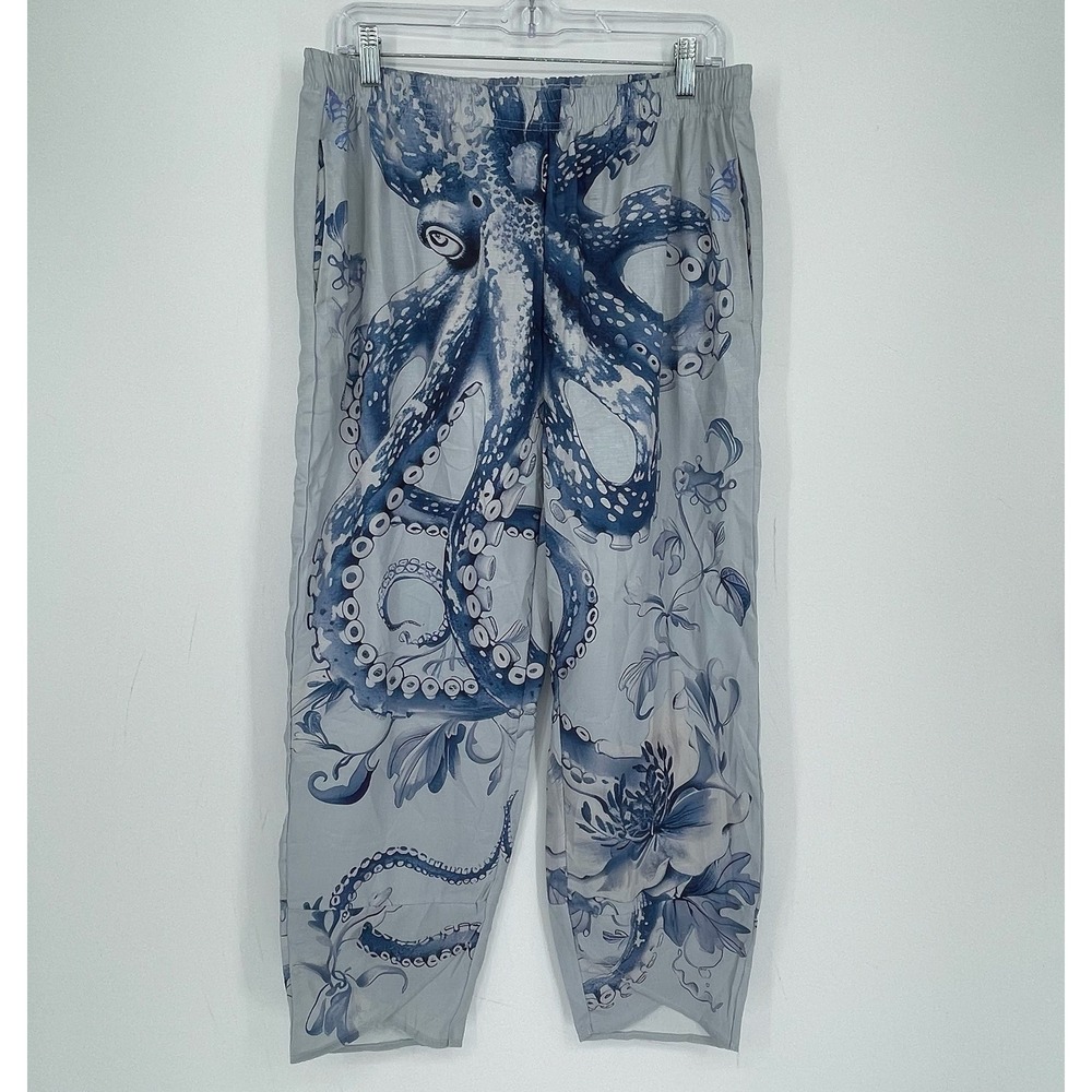 Women's Blue Octopus Floral Print Marine Life Elastic Waist Tapered Pants Size L
